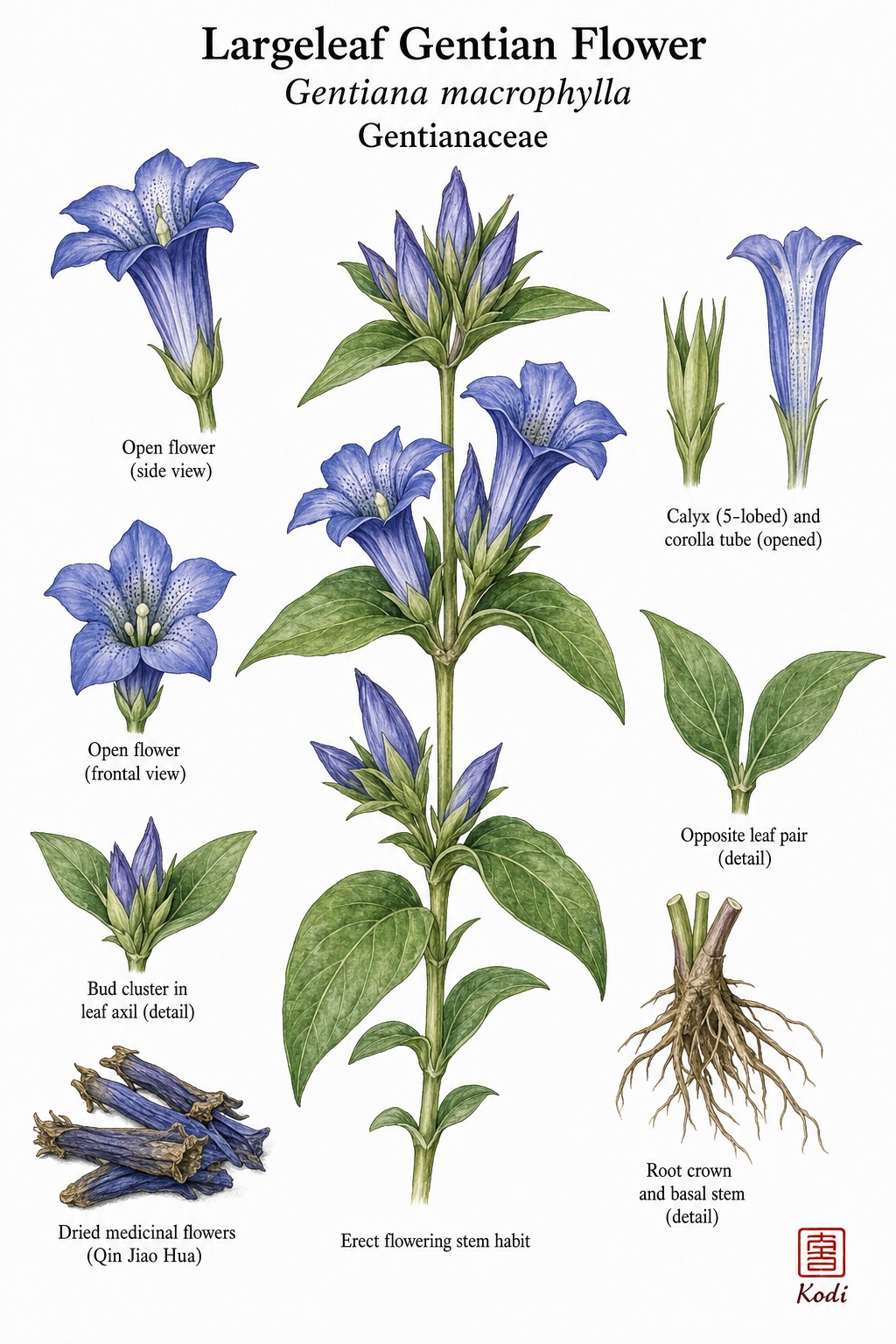 Botanical illustration of Largeleaf Gentian Flower, Gentiana macrophylla, showing leafy stems, tubular flowers, buds, and diagnostic gentian details.