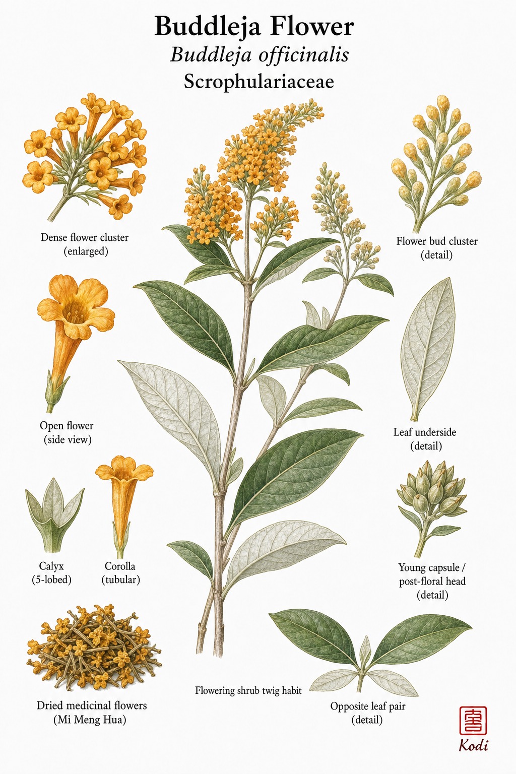 Botanical illustration of Buddleja Flower, Buddleja officinalis, showing flowering twig, opposite leaves, clustered tubular flowers, and diagnostic floral details.