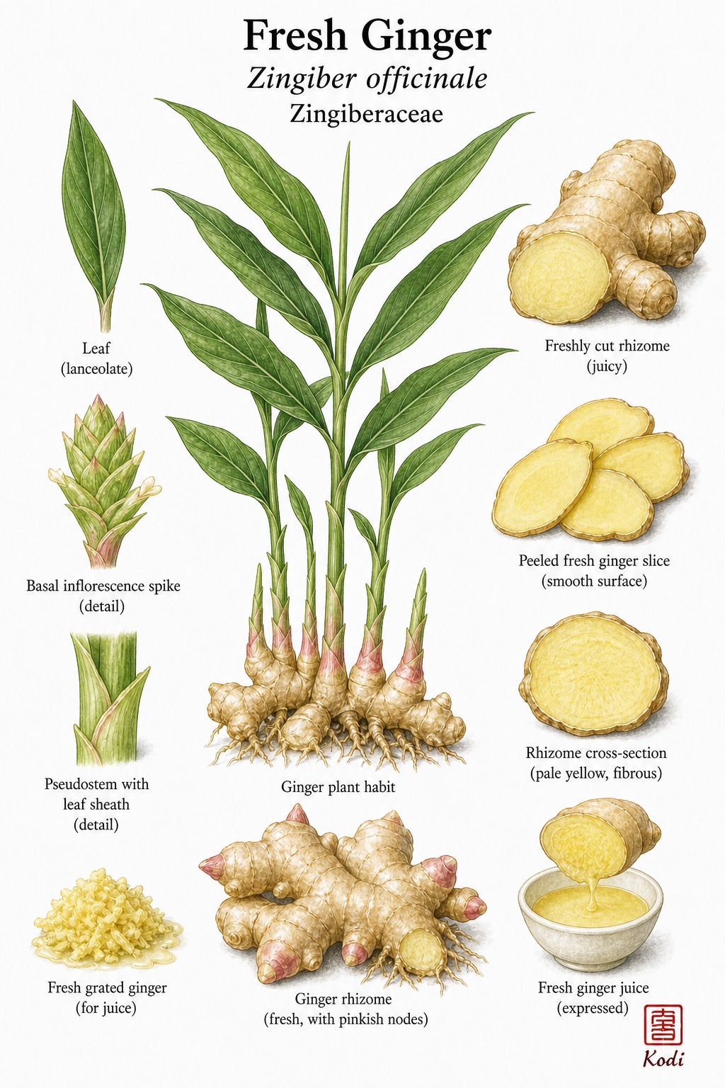 Botanical illustration of Fresh Ginger, Zingiber officinale, showing living plant habit, fresh rhizome, cut slices, and diagnostic ginger details.