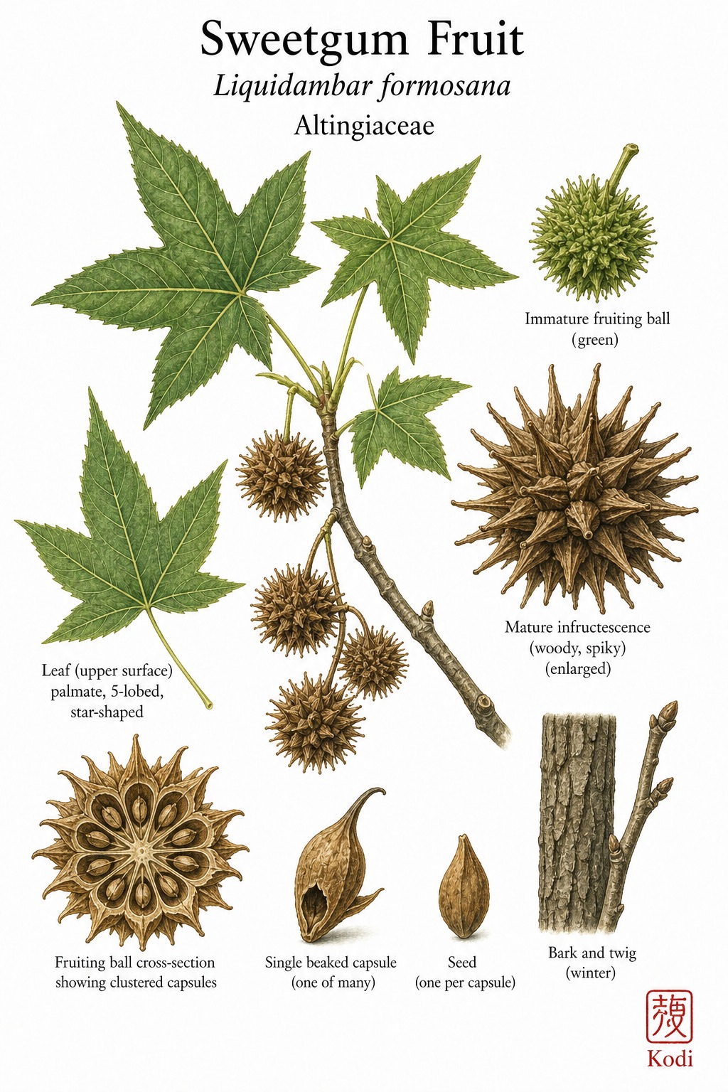 Botanical illustration of Sweetgum Fruit, Liquidambar formosana, showing star-shaped leaves, stalked spiky infructescence, capsule detail, seed, and diagnostic plant details.