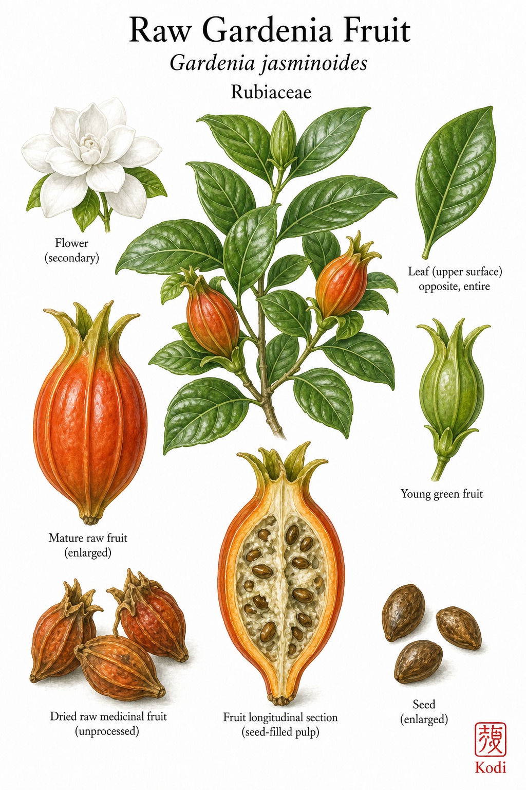 Botanical illustration of Raw Gardenia Fruit, Gardenia jasminoides, showing glossy leaves, white flower inset, ribbed orange fruit, raw dried fruit, seed section, and diagnostic plant details.
