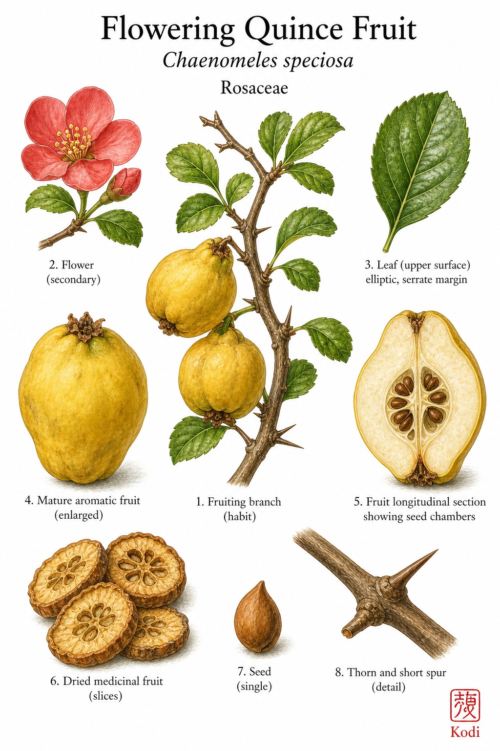 Botanical illustration of Flowering Quince Fruit, Chaenomeles speciosa, showing thorny shrub branch, blossom inset, yellow fruit, fruit section, dried slices, and diagnostic plant details.