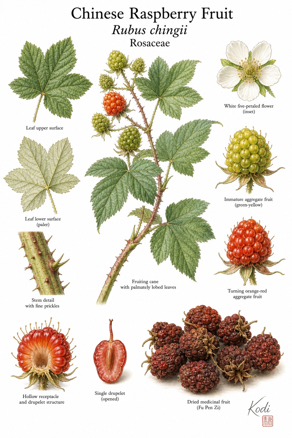 Botanical illustration of Chinese Raspberry Fruit, Rubus chingii, showing palmately lobed leaves, aggregate fruits, dried medicinal fruit, and diagnostic plant details.