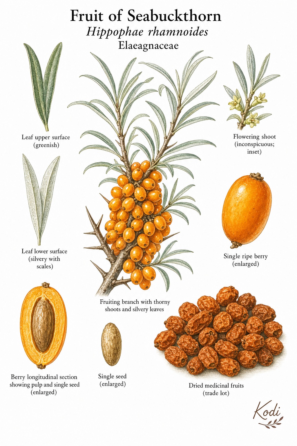 Botanical illustration of Fruit of Seabuckthorn, Hippophae rhamnoides, showing thorny branch, silvery leaves, orange berries, fruit section, and diagnostic plant details.