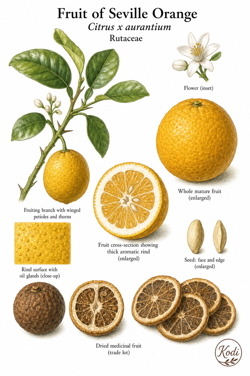 Botanical illustration of Fruit of Seville Orange, Citrus x aurantium, showing winged petioles, mature bitter orange fruit, peel section, dried specimen, and diagnostic plant details.