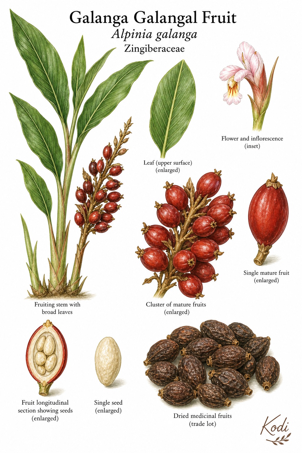 Botanical illustration of Galanga Galangal Fruit, Alpinia galanga, showing broad leaves, reddish fruits, seed section, and diagnostic plant details.