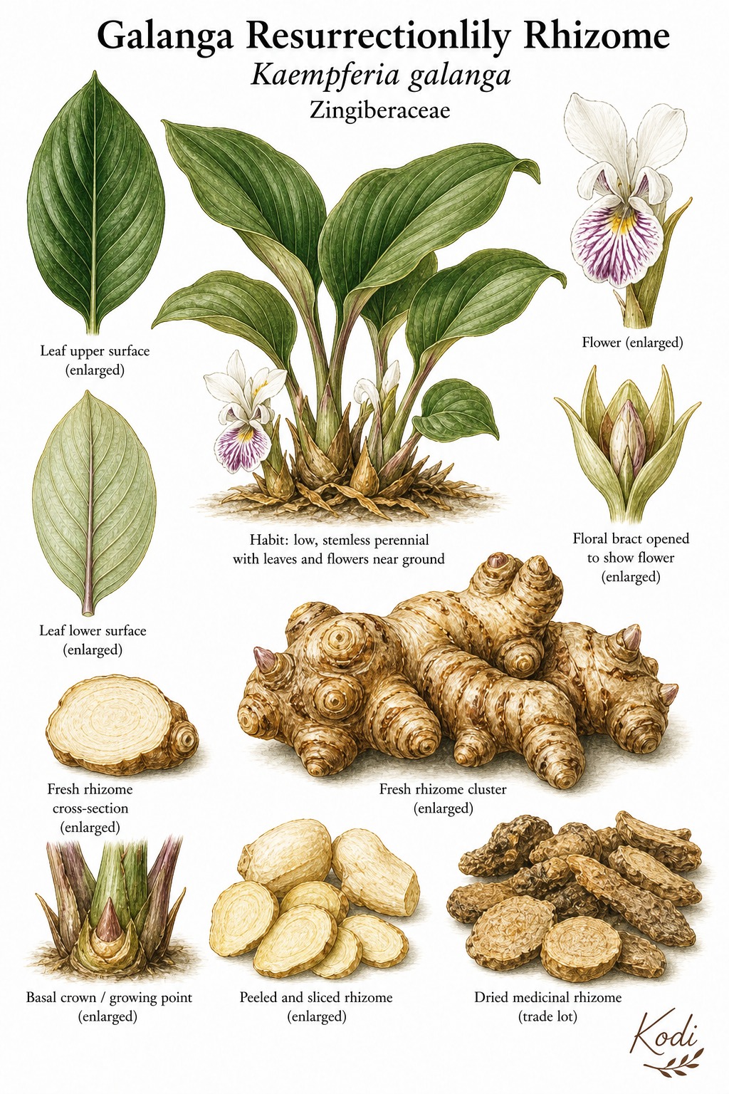 Botanical illustration of Galanga Resurrectionlily Rhizome, Kaempferia galanga, showing low leafy habit, flower, medicinal rhizome, and diagnostic plant details.