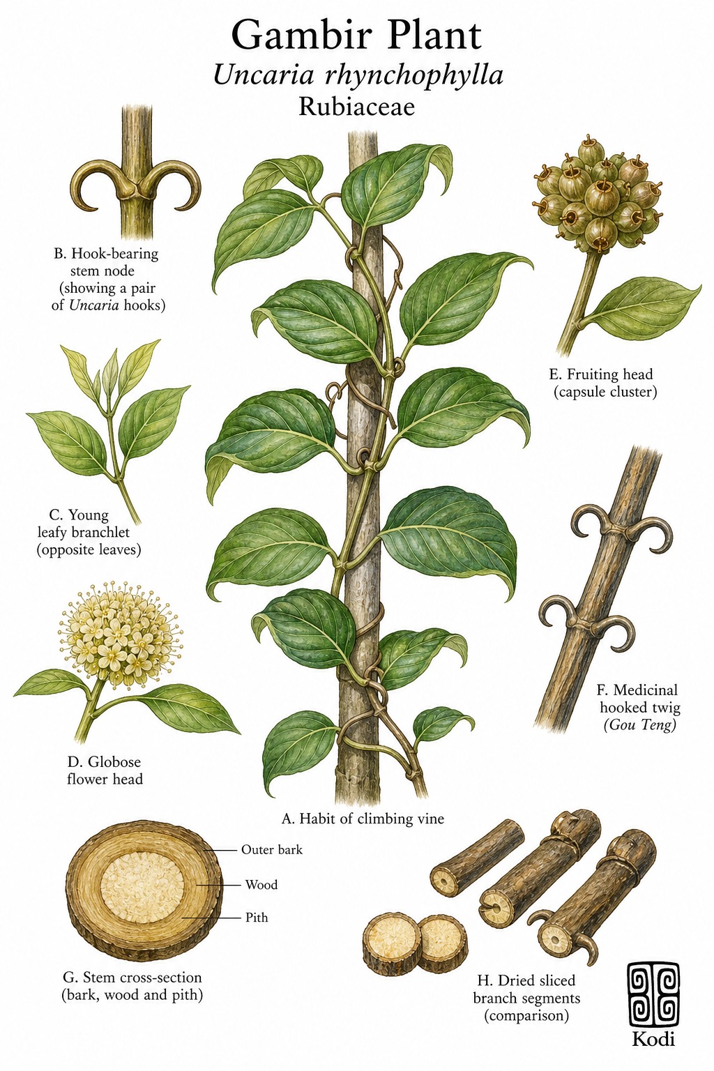 Botanical illustration of Gambir Plant, Uncaria rhynchophylla, showing hook-bearing vine stems, opposite leaves, flowering heads, medicinal twig material, and diagnostic plant details.