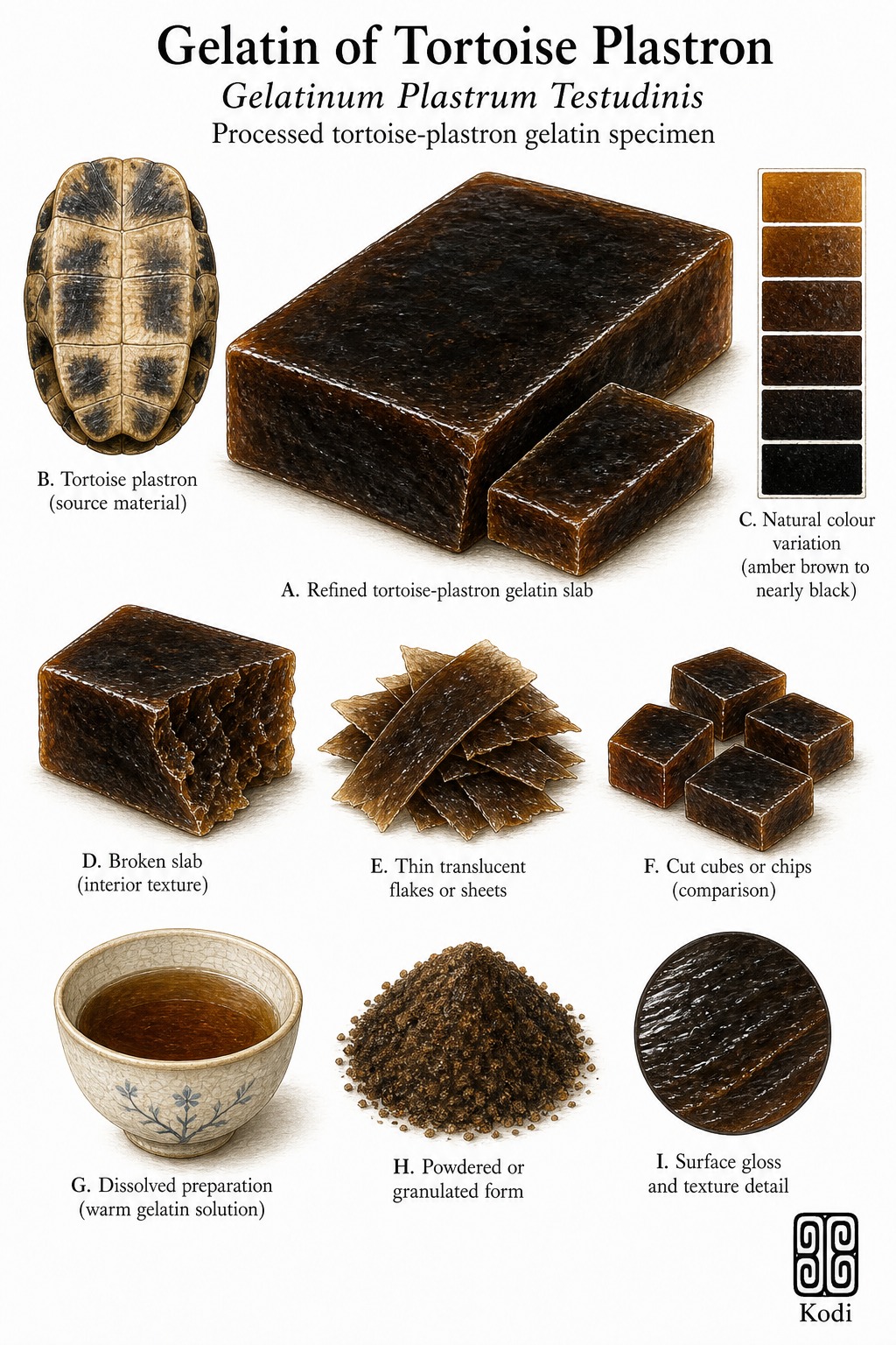 Scientific specimen plate of Gelatin of Tortoise Plastron, Gelatinum Plastrum Testudinis, showing dark gelatin slabs, flakes, dissolved preparation, plastron source context, and diagnostic material details.