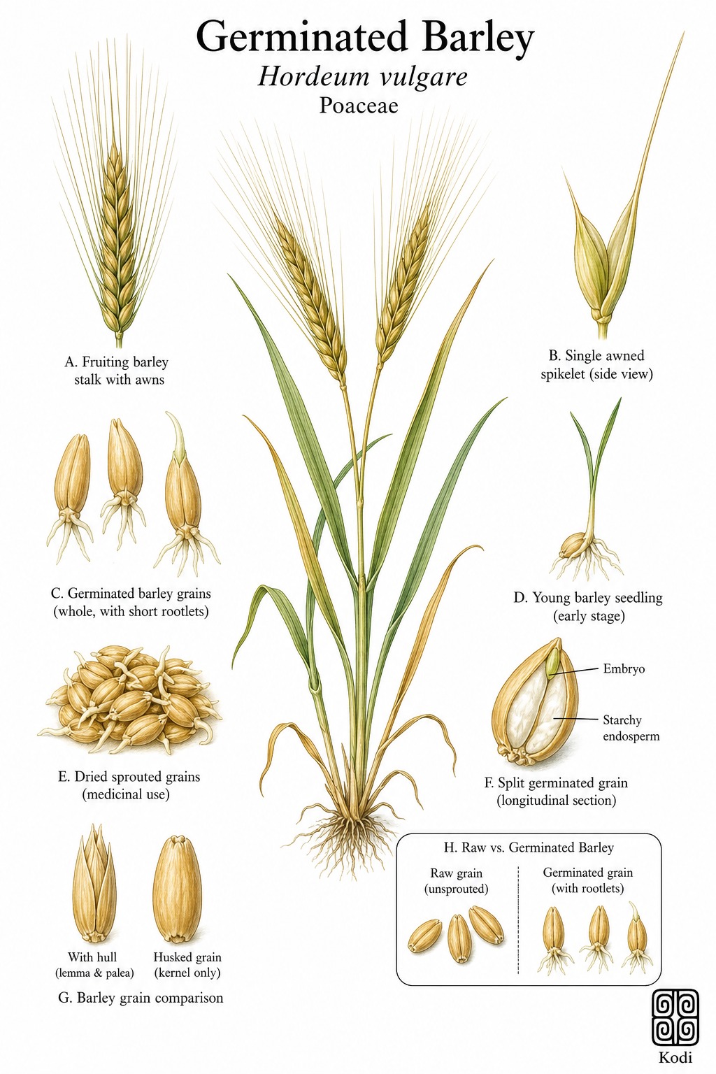 Botanical illustration of Germinated Barley, Hordeum vulgare, showing awned barley spikes, sprouted grains, seedlings, and diagnostic plant details.