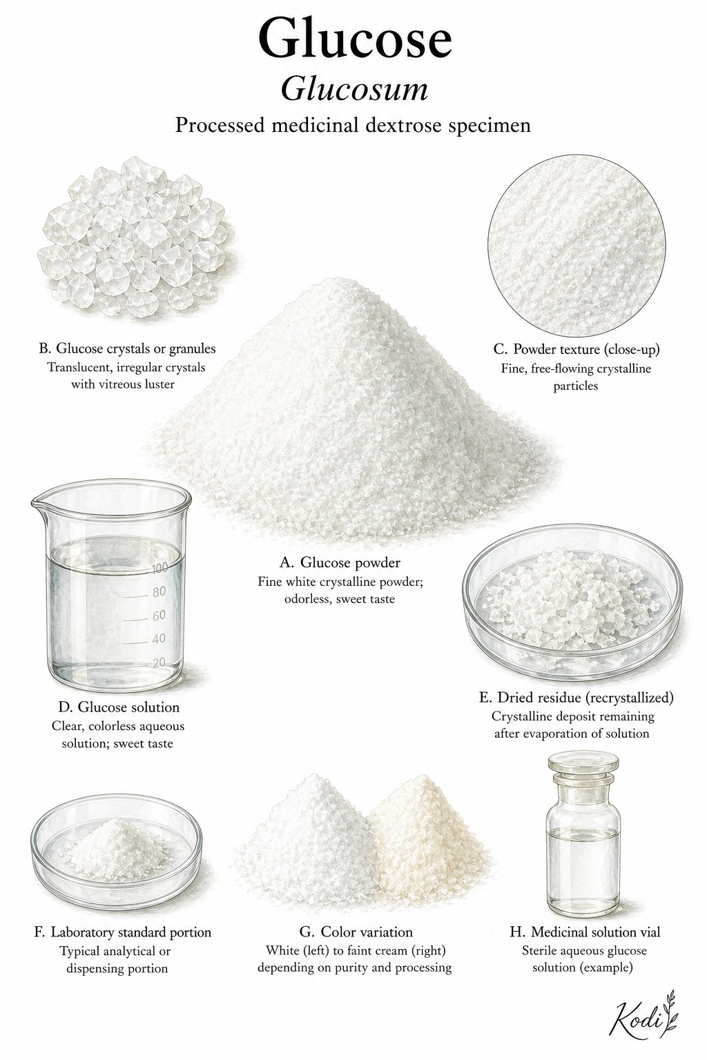 Scientific specimen plate of Glucose, Glucosum, showing dextrose powder, crystals, clear solution, and diagnostic material details.