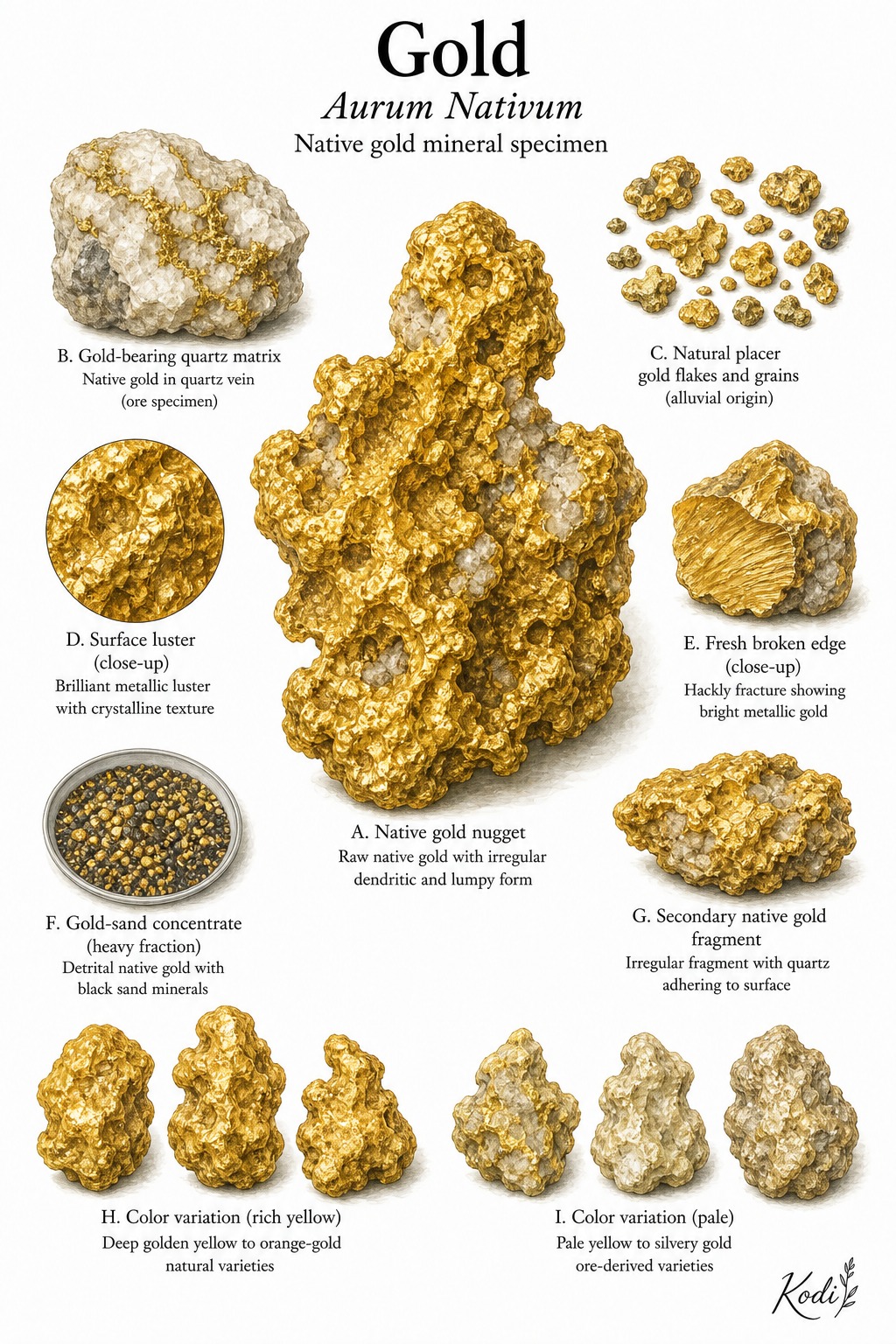 Scientific specimen plate of Gold, Aurum Nativum, showing native gold nugget, quartz matrix, placer grains, and diagnostic material details.
