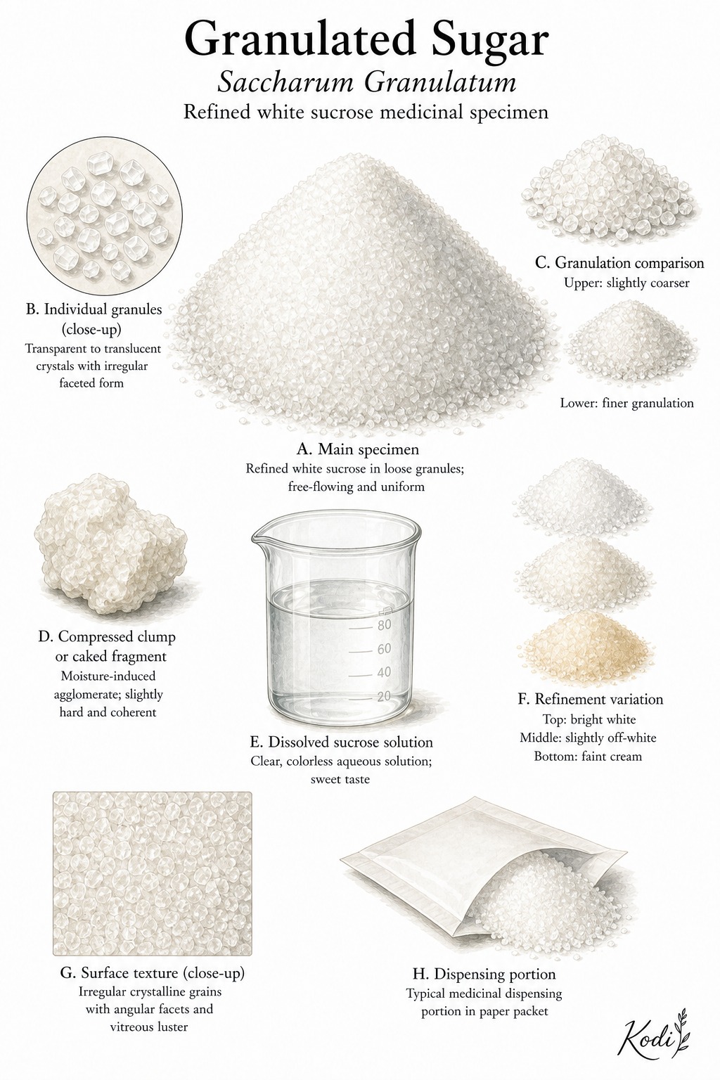 Scientific specimen plate of Granulated Sugar, Saccharum Granulatum, showing refined sucrose grains, dissolved sugar water, and diagnostic material details.