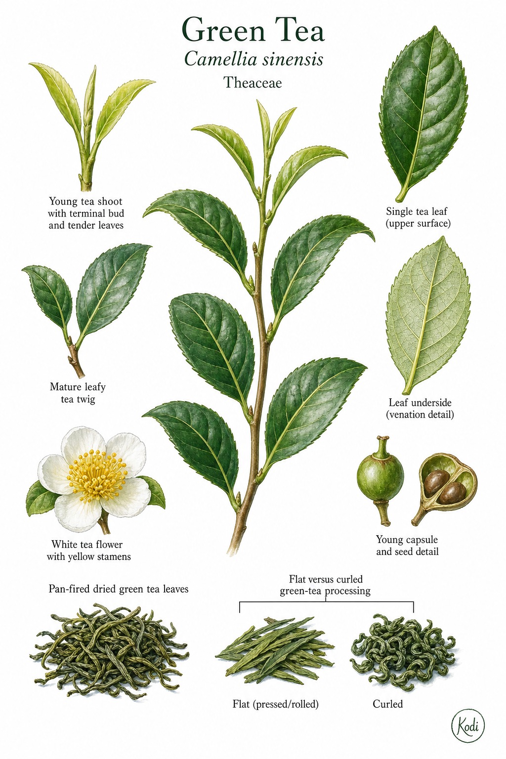 Botanical illustration of Green Tea, Camellia sinensis, showing tea shoots, white flowers, processed leaves, and diagnostic plant details.