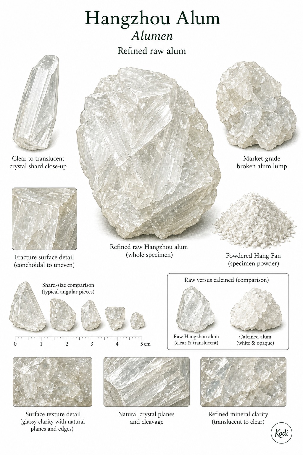 Scientific specimen plate of Hangzhou Alum, Alumen, showing refined raw alum crystals, translucent shards, powder, and diagnostic mineral details.