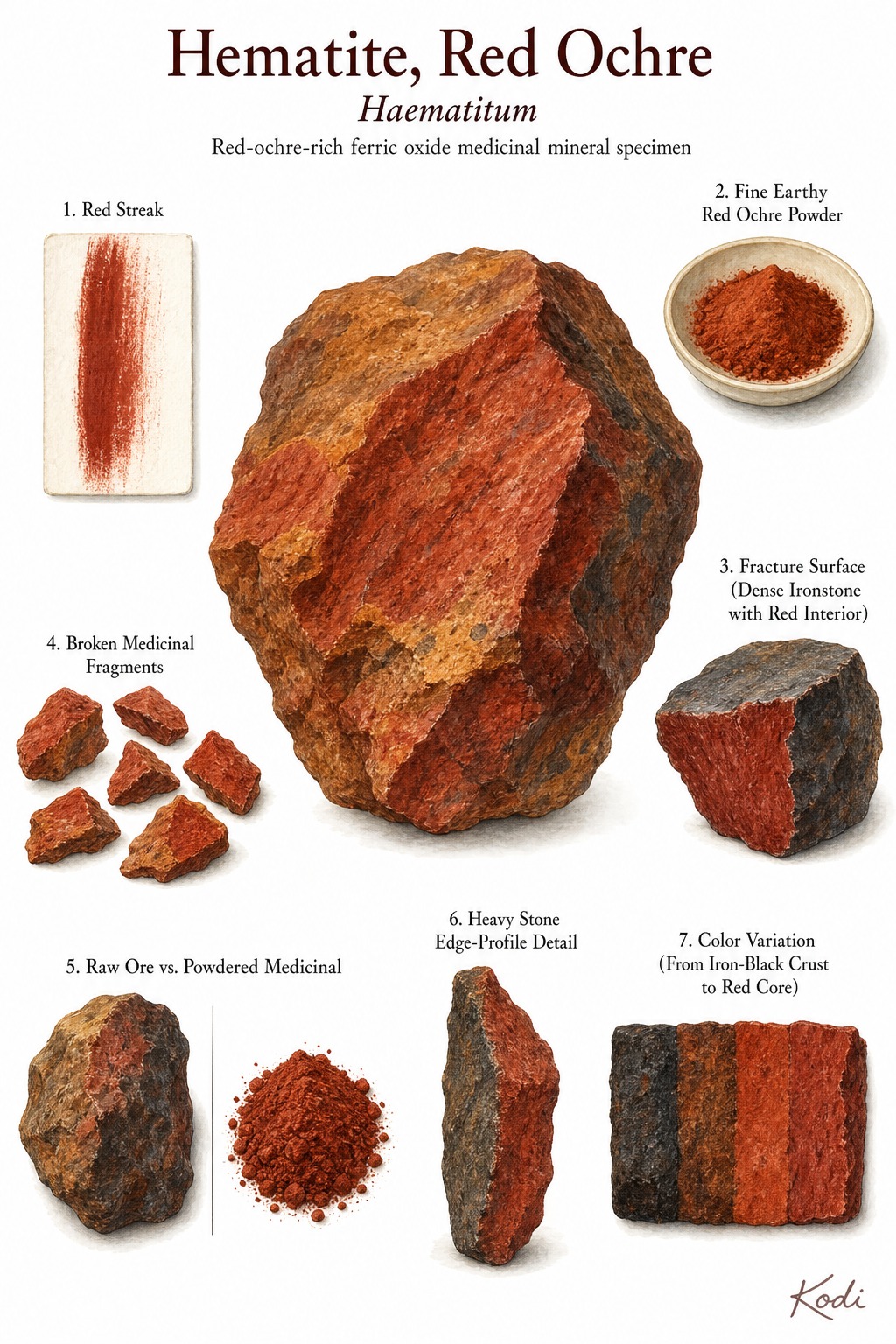 Scientific specimen plate of Hematite, Red Ochre, Haematitum, showing red-ochre-rich ore, red streak powder, dense medicinal fragments, and diagnostic mineral features.
