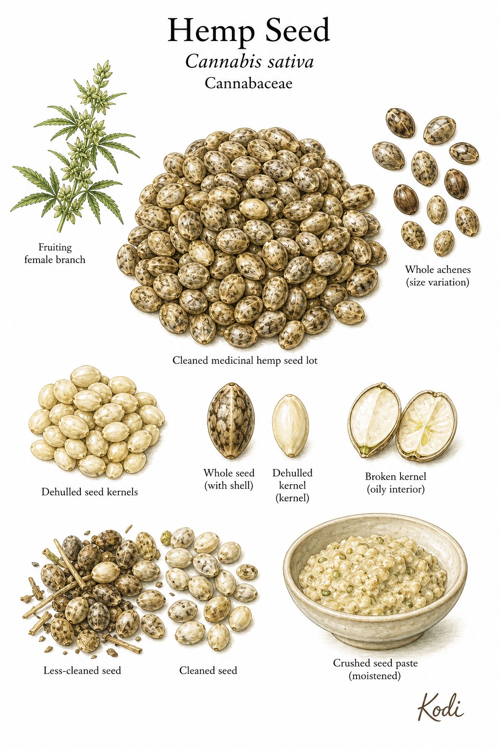 Botanical illustration of Hemp Seed, Cannabis sativa, showing cleaned medicinal seed lot, dehulled kernels, oily inner kernel detail, and diagnostic plant-source context.