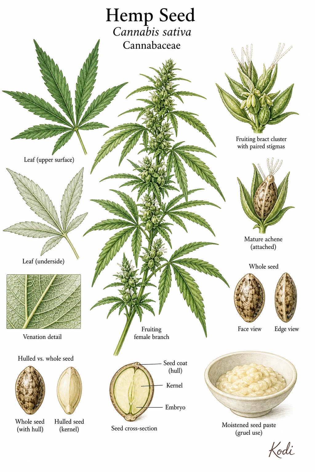 Botanical illustration of Hemp Seed, Cannabis sativa, showing fruiting female hemp habit, palmate leaves, mature achenes, whole and hulled medicinal seeds, and diagnostic plant details.