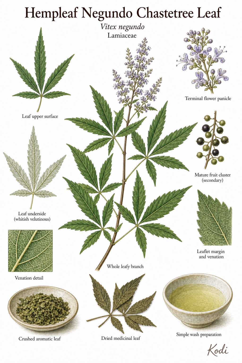 Botanical illustration of Hempleaf Negundo Chastetree Leaf, Vitex negundo, showing palmately compound leaves, whitish leaf undersides, flower panicle, dried medicinal leaf material, and diagnostic plant details.