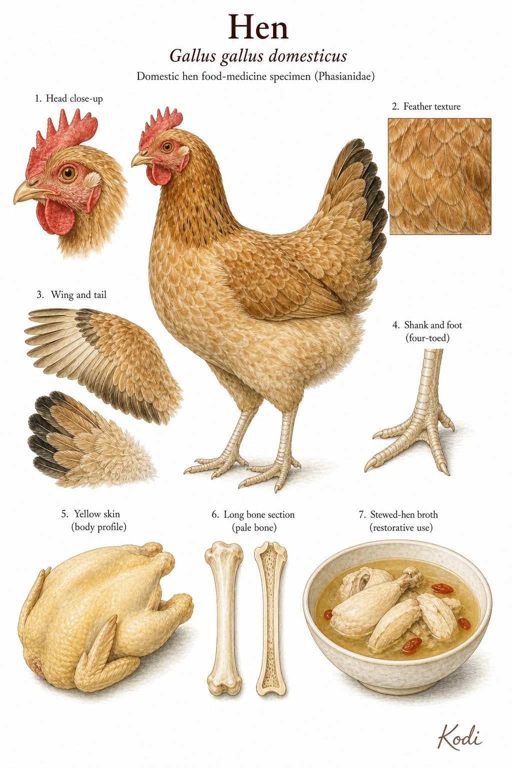 Scientific specimen plate of Hen, Gallus gallus domesticus, showing whole bird form, ordinary plumage, four-toed foot, pale bone, restorative broth, and diagnostic food-medicine details.