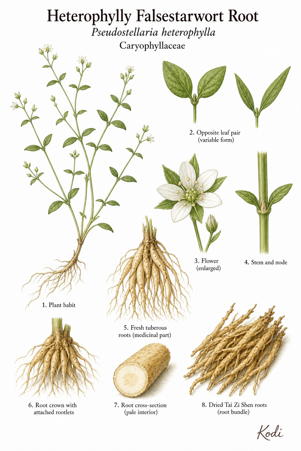 Botanical illustration of Heterophylly Falsestarwort Root, Pseudostellaria heterophylla, showing delicate plant habit, small white flowers, slender tuberous roots, and diagnostic medicinal root details.