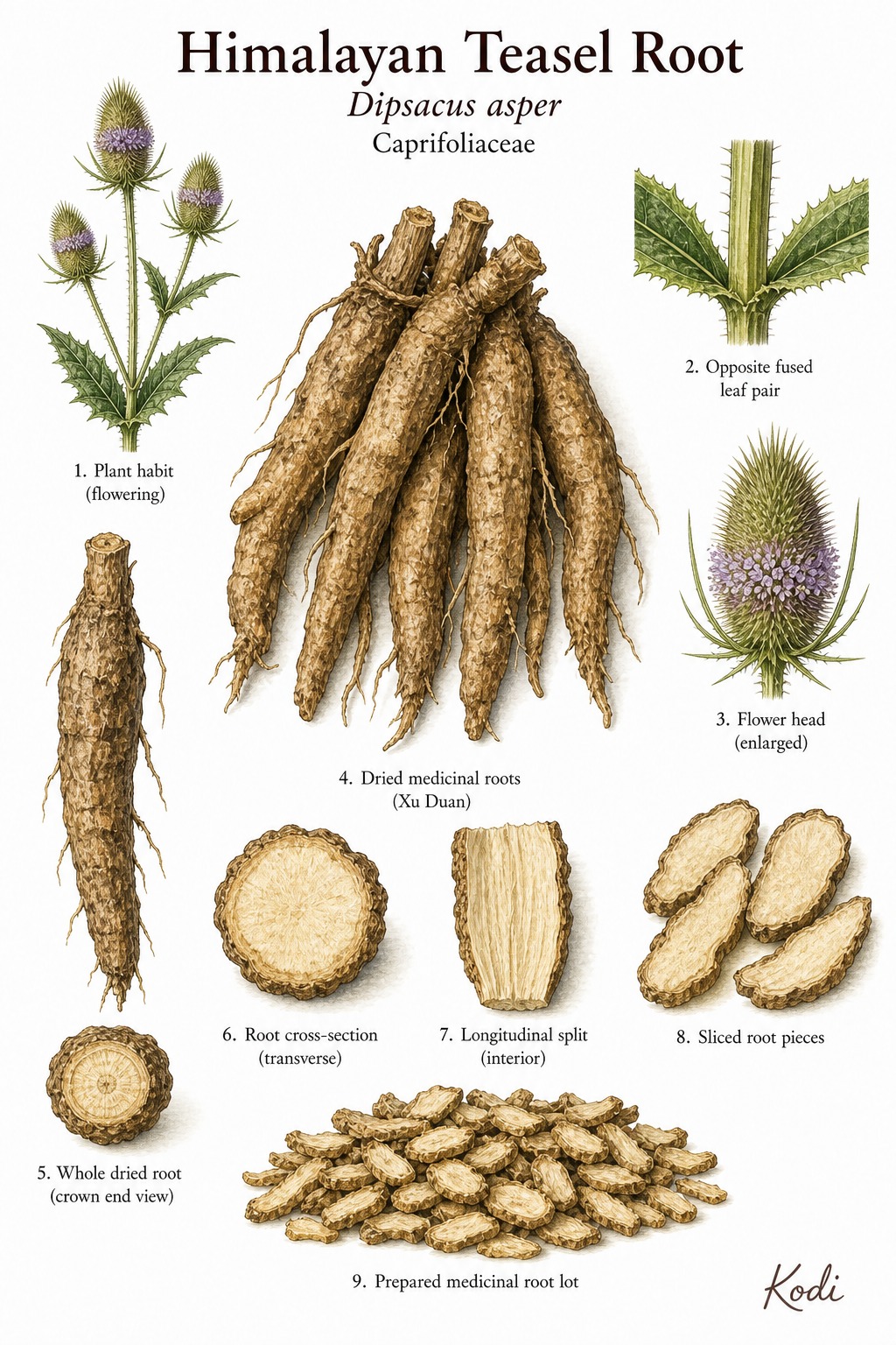 Botanical illustration of Himalayan Teasel Root, Dipsacus asper, showing dried Xu Duan roots, root cross-sections, and diagnostic source-plant context.