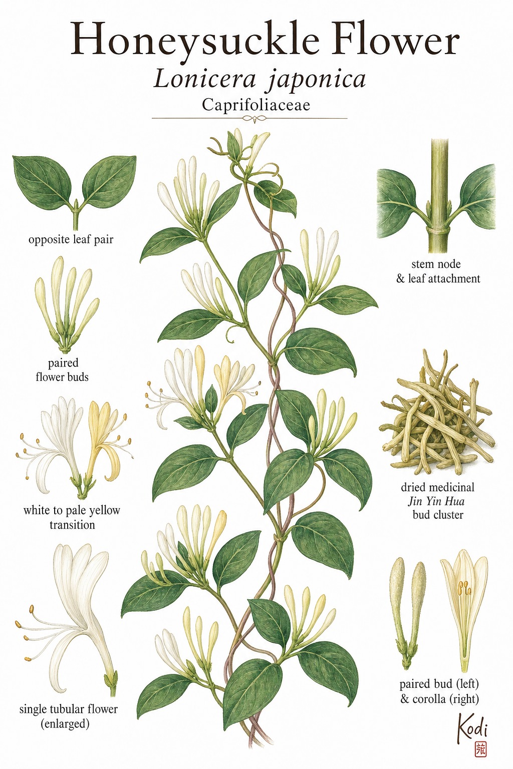 Botanical illustration of Honeysuckle Flower, Lonicera japonica, showing twining vine habit, paired flower buds, tubular flowers, dried Jin Yin Hua buds, and diagnostic plant details.
