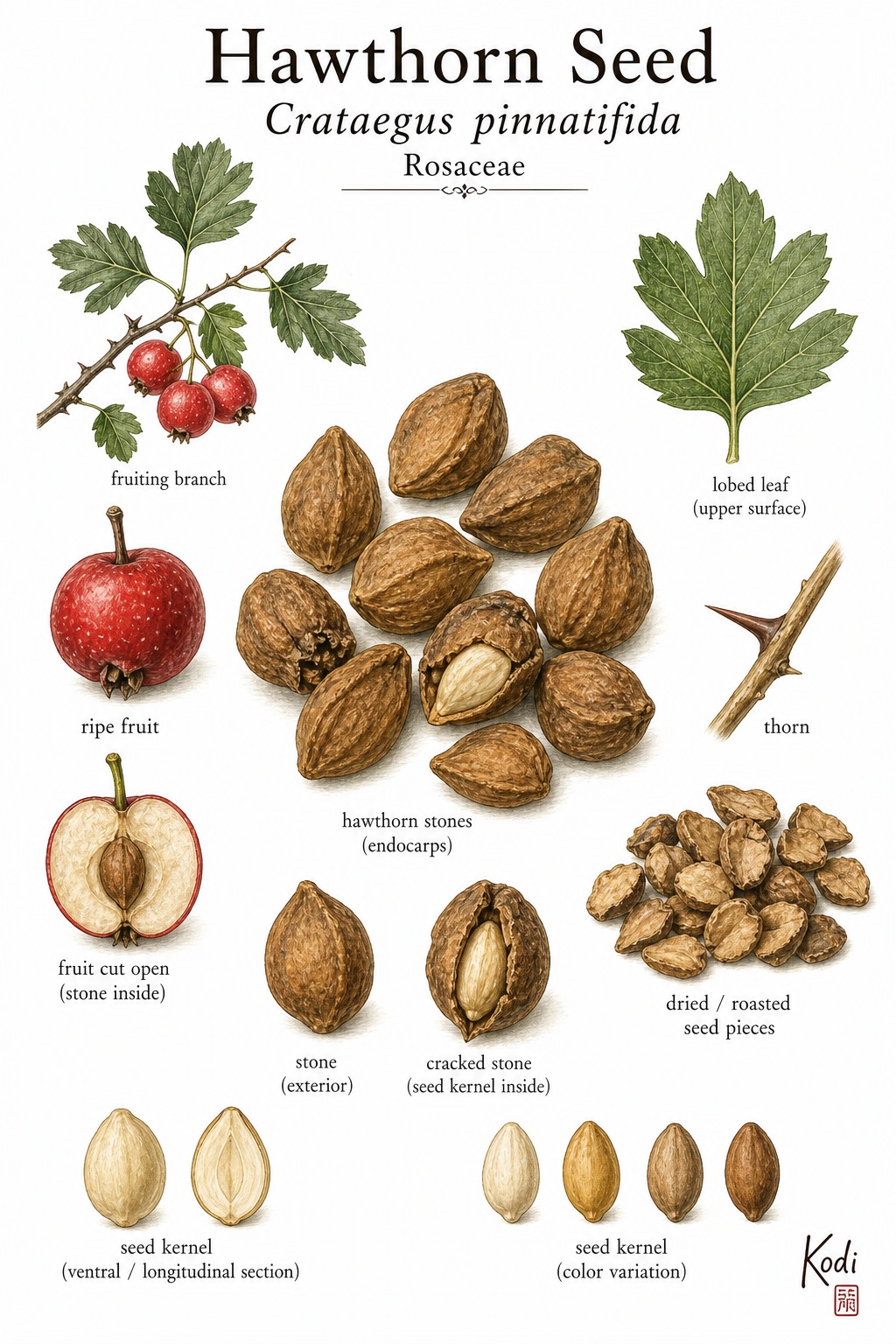 Botanical illustration of Hawthorn Seed, Crataegus pinnatifida, showing hawthorn fruit and stone anatomy, cracked seed kernel, and diagnostic medicinal-seed details.