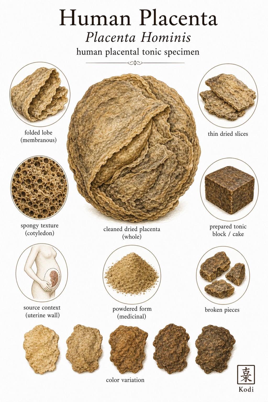 Scientific specimen plate of Human Placenta, Placenta Hominis, showing cleaned dried placental material, sliced and powdered forms, and diagnostic medicinal specimen details.