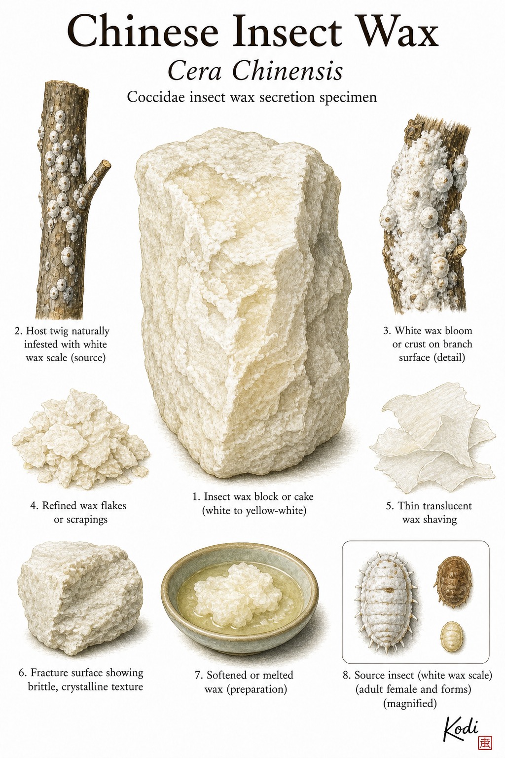 Scientific specimen plate of Chinese Insect Wax, Cera Chinensis, showing white insect-wax blocks, wax-coated host twig context, refined flakes, and diagnostic medicinal specimen details.