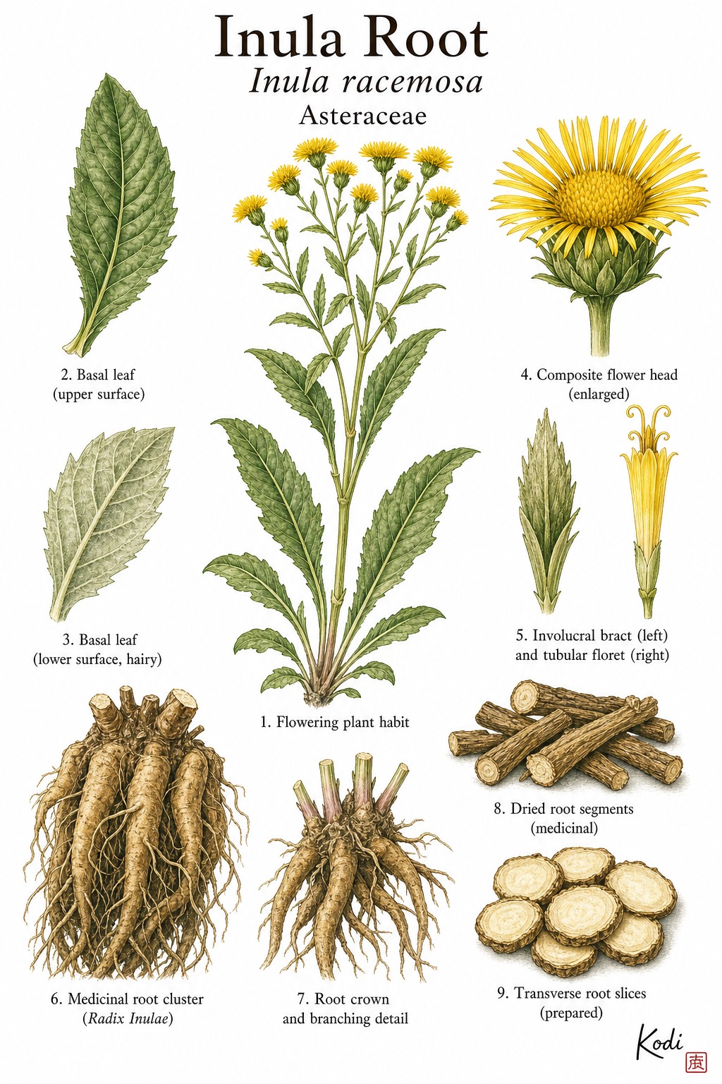 Botanical illustration of Inula Root, Inula racemosa, showing flowering plant context, thick aromatic roots, dried Tu Mu Xiang root pieces, and diagnostic medicinal-root details.