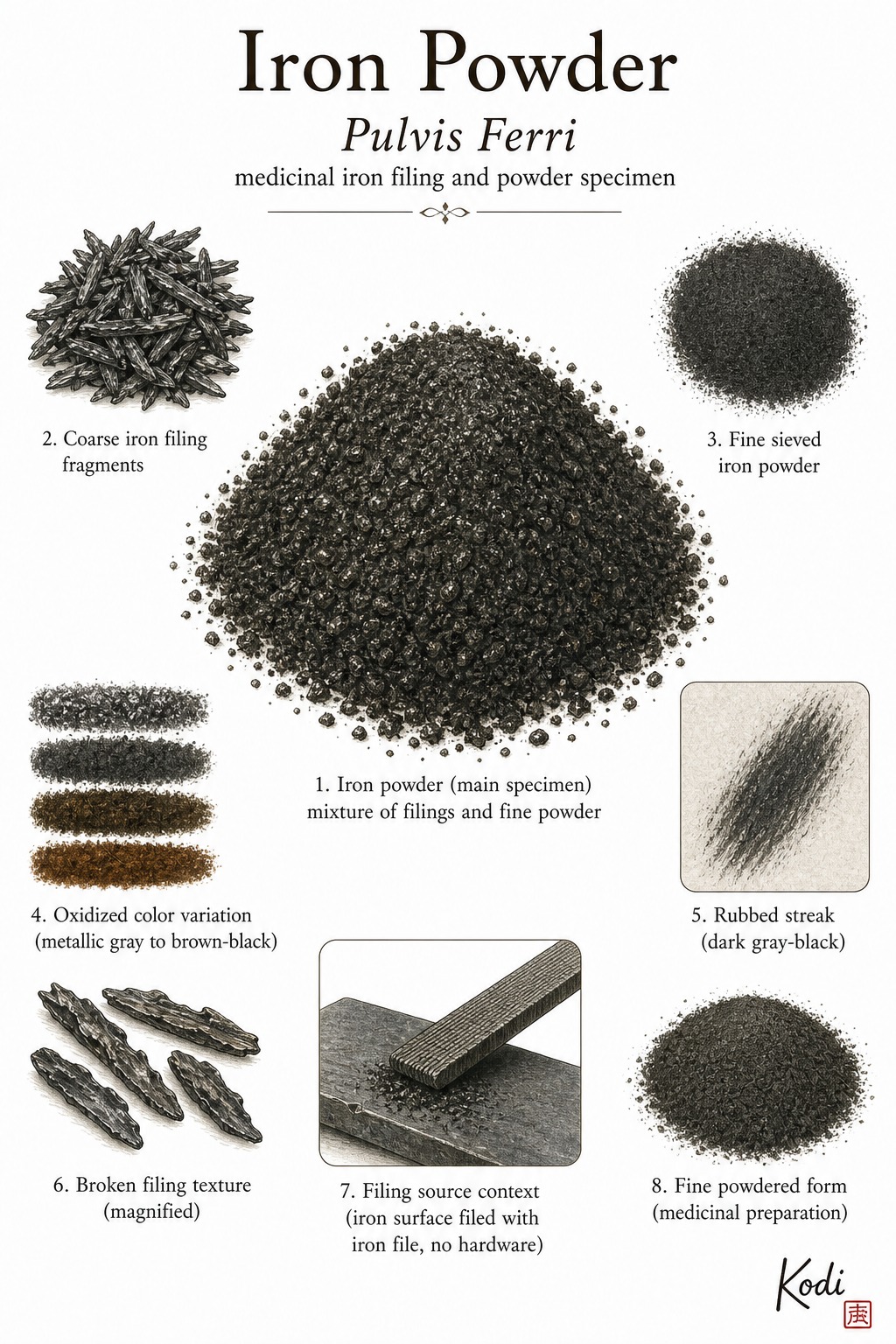 Scientific specimen plate of Iron Powder, Pulvis Ferri, showing iron filings, fine powder, oxidized color variation, and diagnostic medicinal mineral details.