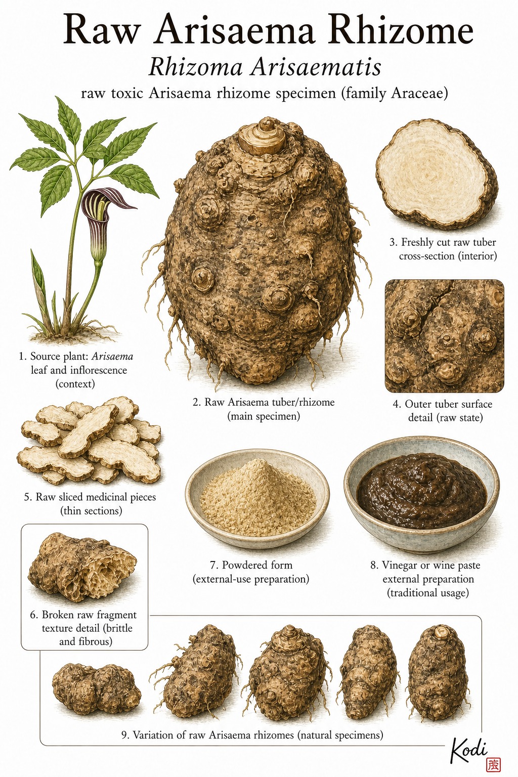 Scientific specimen plate of Raw Arisaema Rhizome, Rhizoma Arisaematis, showing raw tuber source context, cut surfaces, raw slices, and diagnostic Sheng Nan Xing material details.