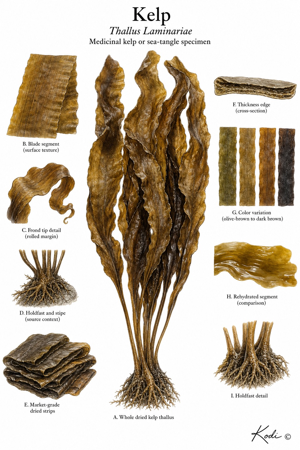 Scientific specimen plate of Kelp, Thallus Laminariae, showing dried sea-tangle blades, folded strips, surface texture, and diagnostic Kun Bu specimen details.