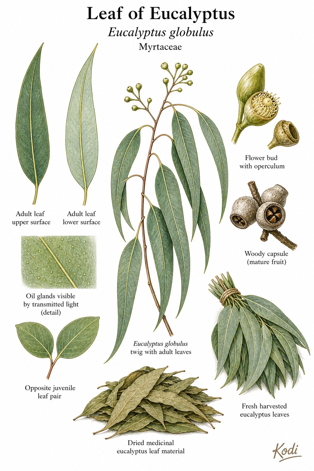 Botanical illustration of Leaf of Eucalyptus, Eucalyptus globulus, showing sickle-shaped leaves, buds, capsule, dried leaf material, and diagnostic plant details.