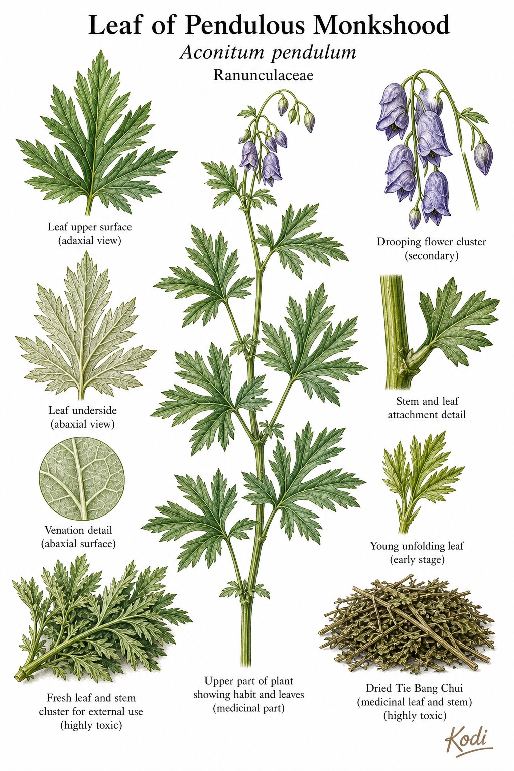 Botanical illustration of Leaf of Pendulous Monkshood, Aconitum pendulum, showing divided leaves, drooping flower context, dried Tie Bang Chui Ye material, and diagnostic plant details.