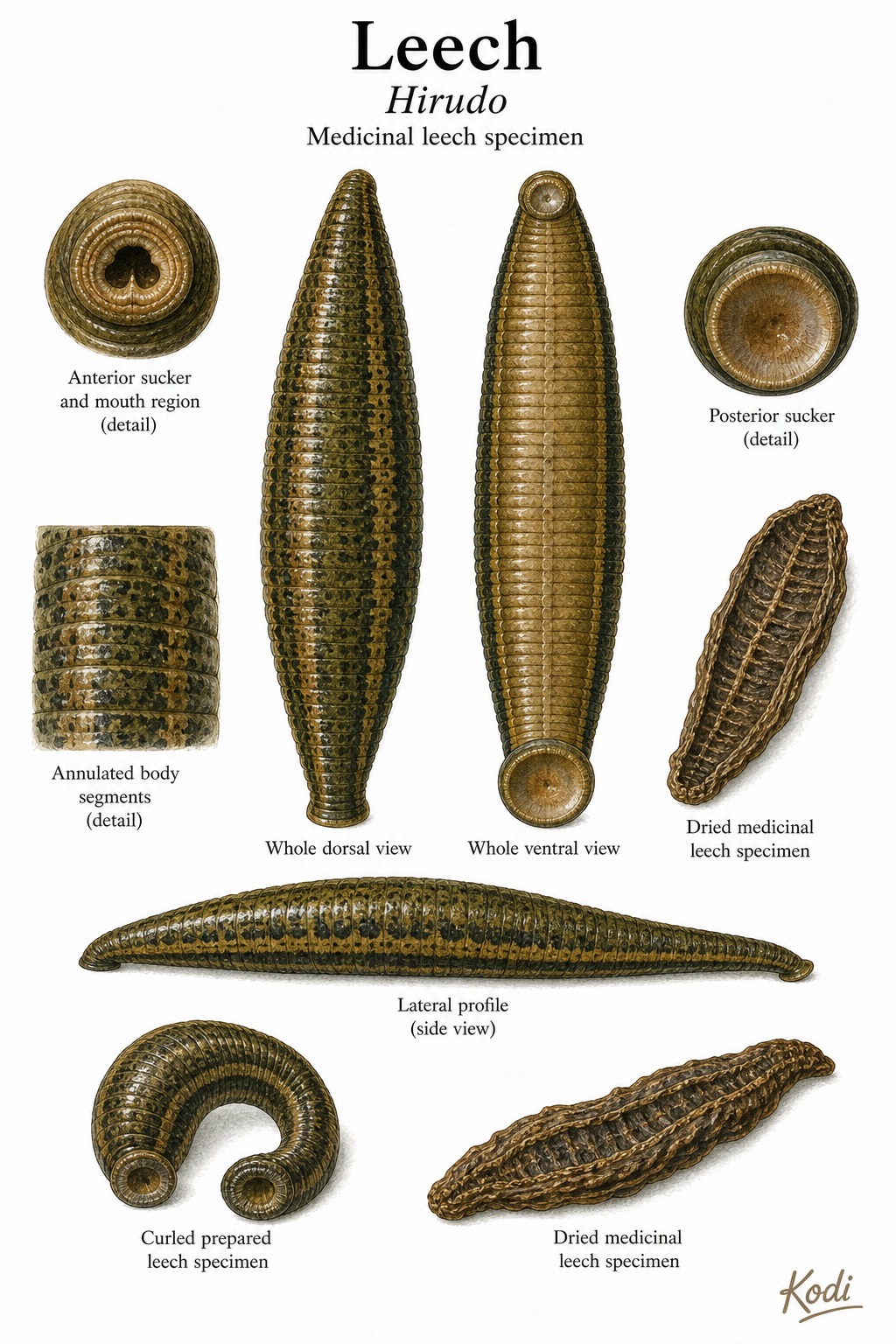 Scientific specimen plate of Leech, Hirudo, showing dorsal and ventral anatomy, suckers, dried specimen form, and diagnostic Shui Zhi details.