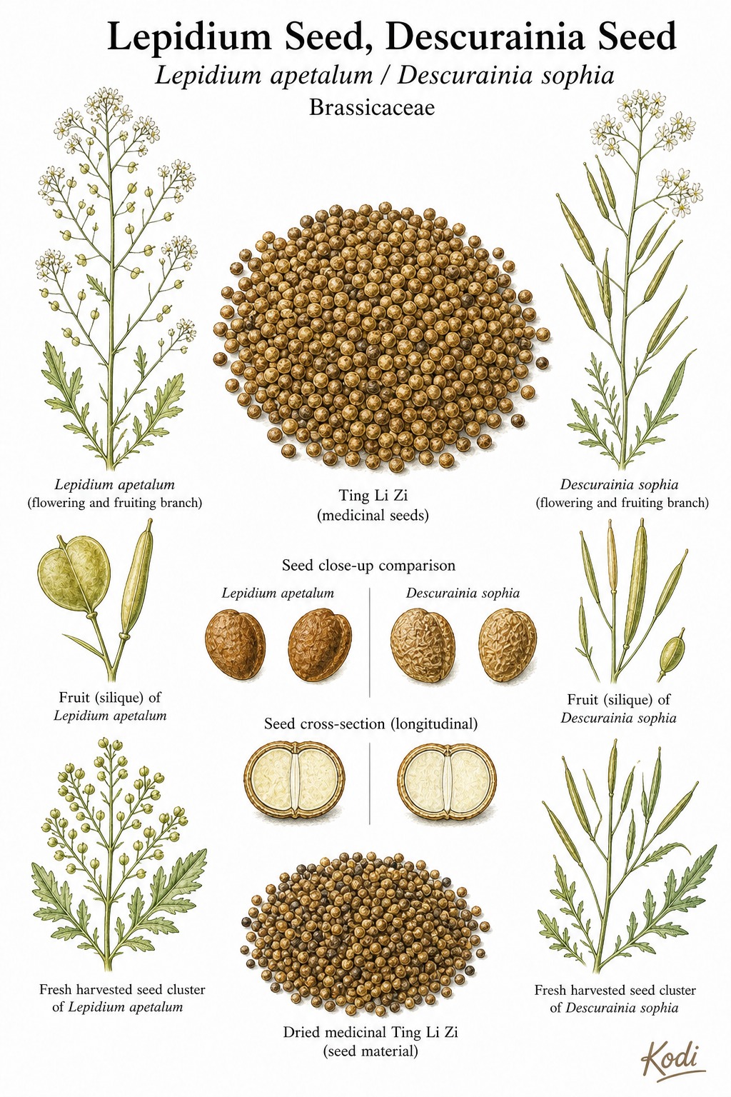 Botanical illustration of Lepidium Seed, Descurainia Seed, Lepidium apetalum / Descurainia sophia, showing medicinal seeds, source branches, siliques, and diagnostic Ting Li Zi details.