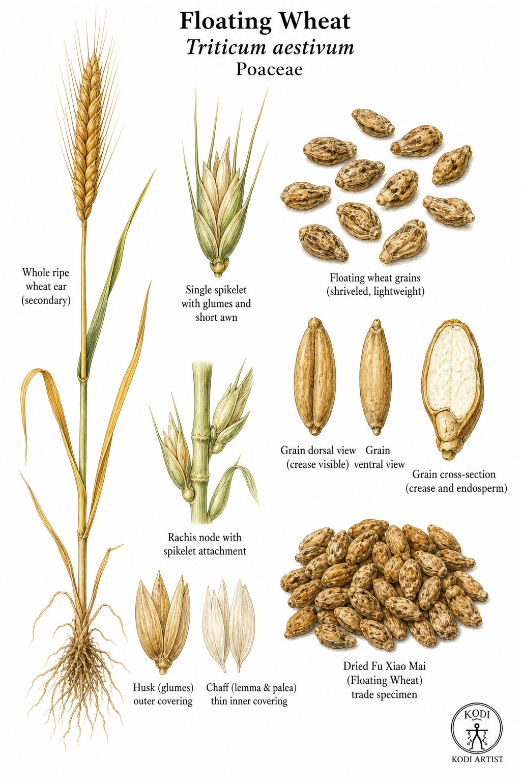 Botanical illustration of Floating Wheat, Triticum aestivum, showing shriveled Fu Xiao Mai grains, wheat ear, spikelet, and diagnostic grain details.