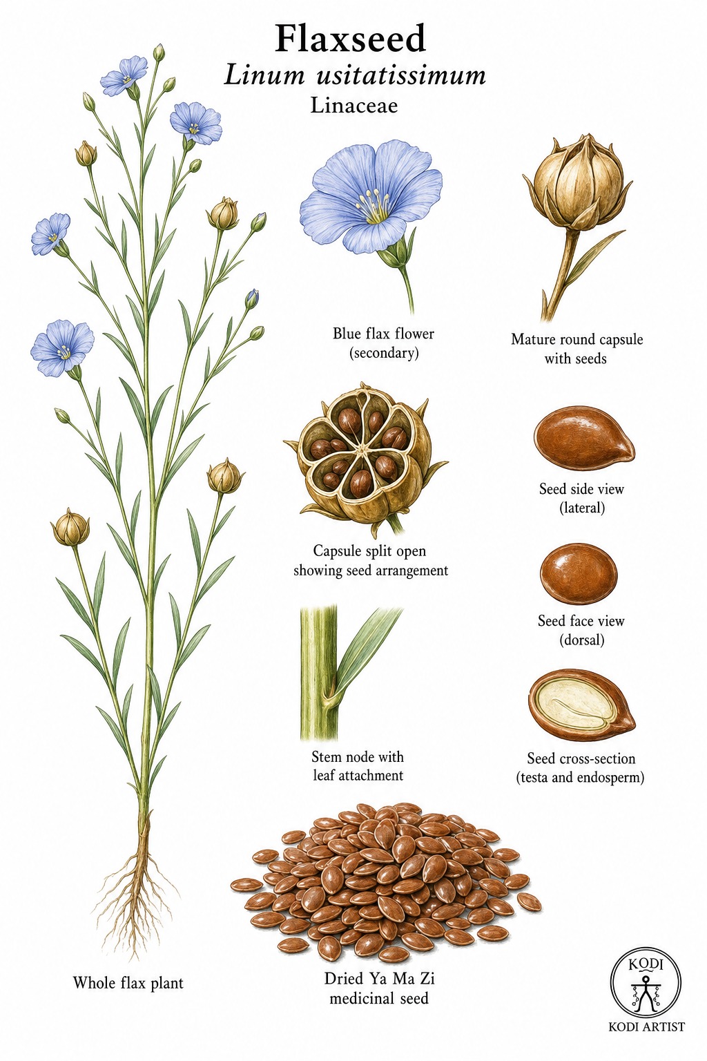 Botanical illustration of Flaxseed, Linum usitatissimum, showing whole flax plant, capsule, seeds, and diagnostic Ya Ma Zi details.