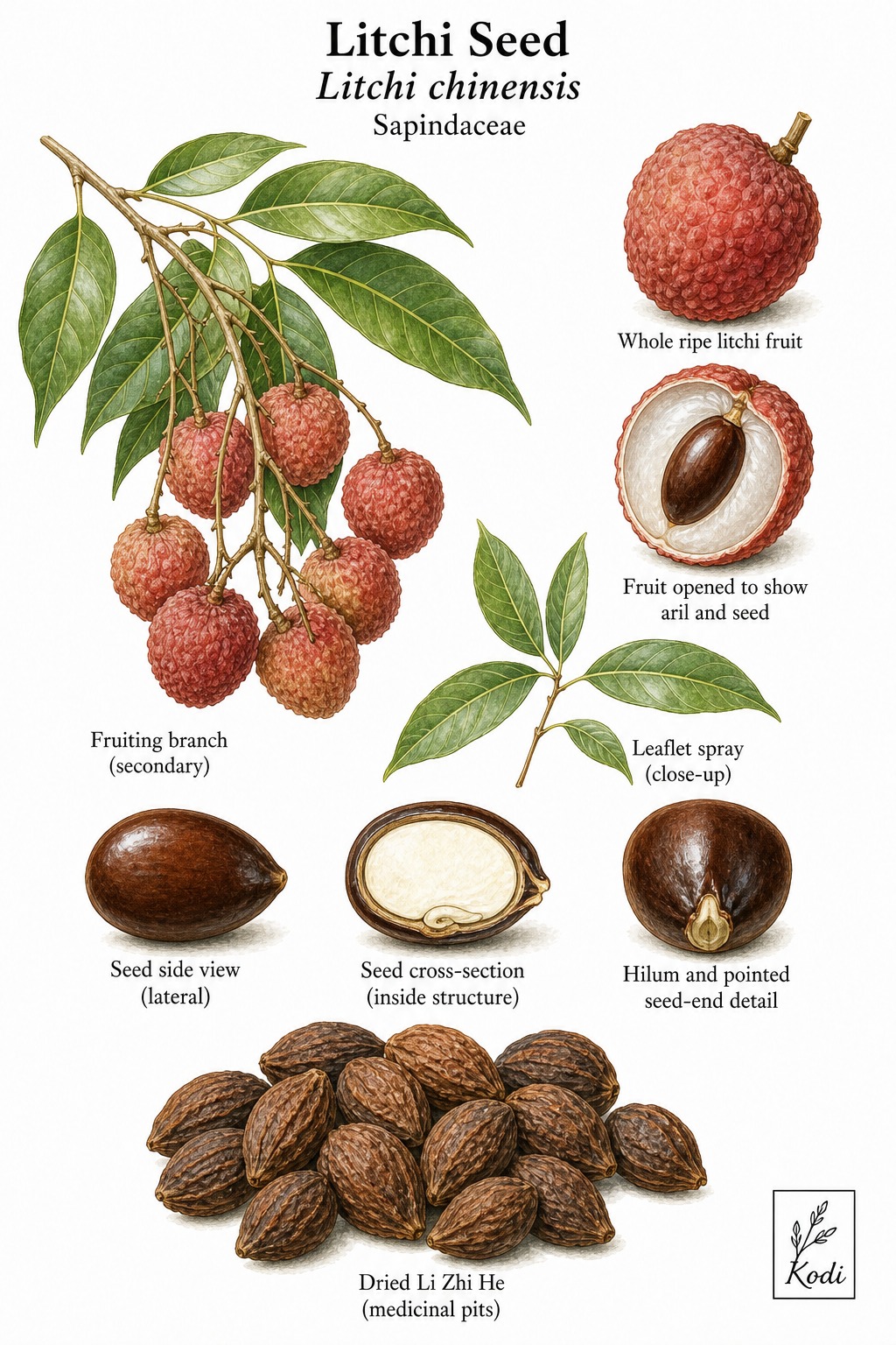 Botanical illustration of Litchi Seed, Litchi chinensis, showing fruit, seed, dried Li Zhi He pits, and diagnostic plant details.