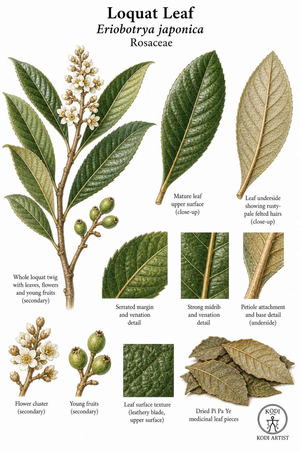 Botanical illustration of Loquat Leaf, Eriobotrya japonica, showing raw Pi Pa Ye leaves, felted underside, twig, and diagnostic plant details.