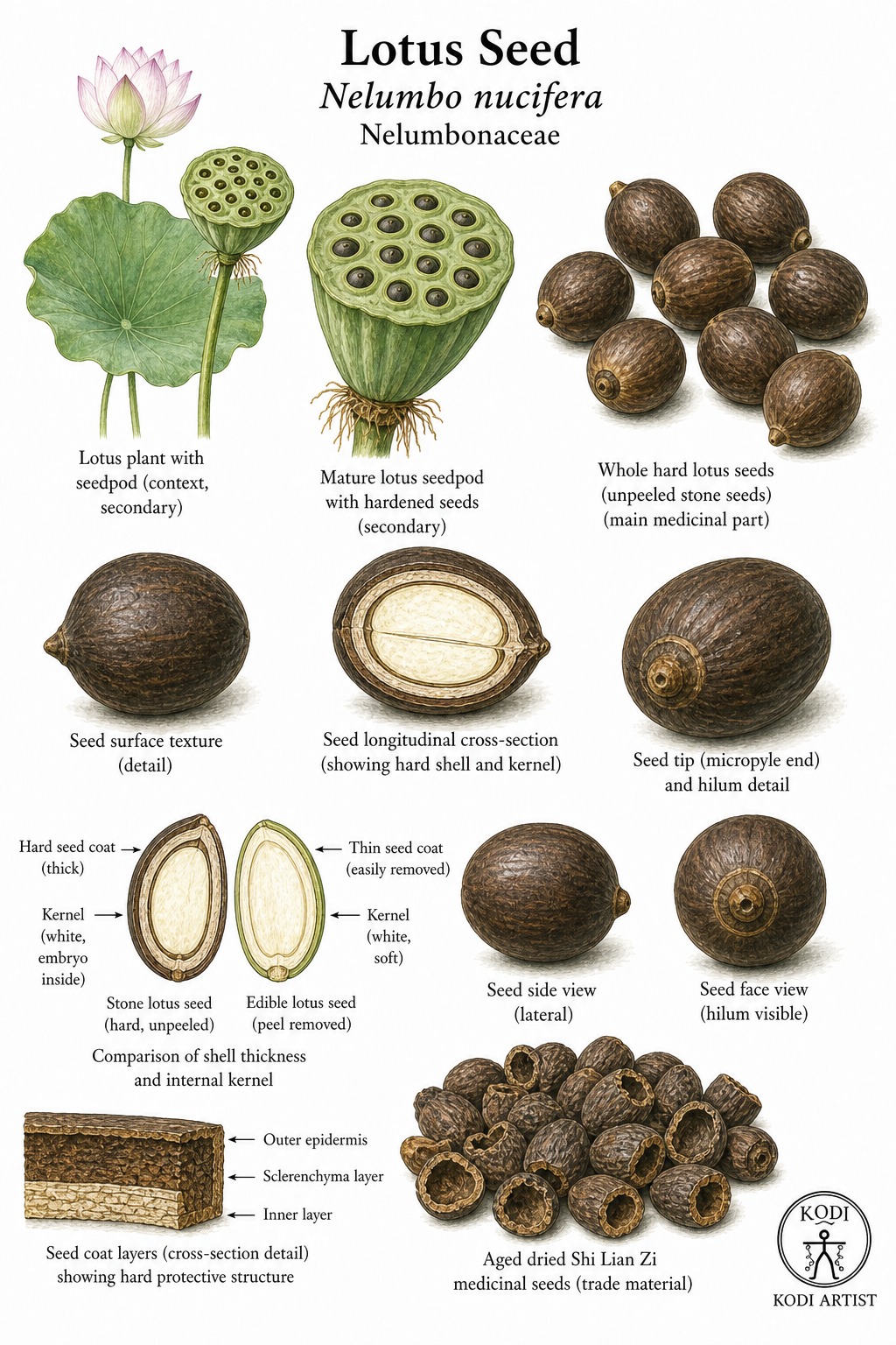 Botanical illustration of Lotus Seed, Nelumbo nucifera, showing hard dark stone-lotus seeds, thick seed coat, dried Shi Lian Zi material, and diagnostic plant details.