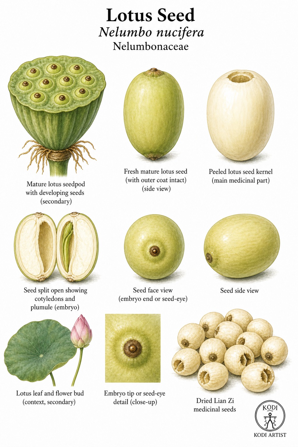 Botanical illustration of Lotus Seed, Nelumbo nucifera, showing seedpod, pale peeled kernels, dried Lian Zi material, and diagnostic plant details.