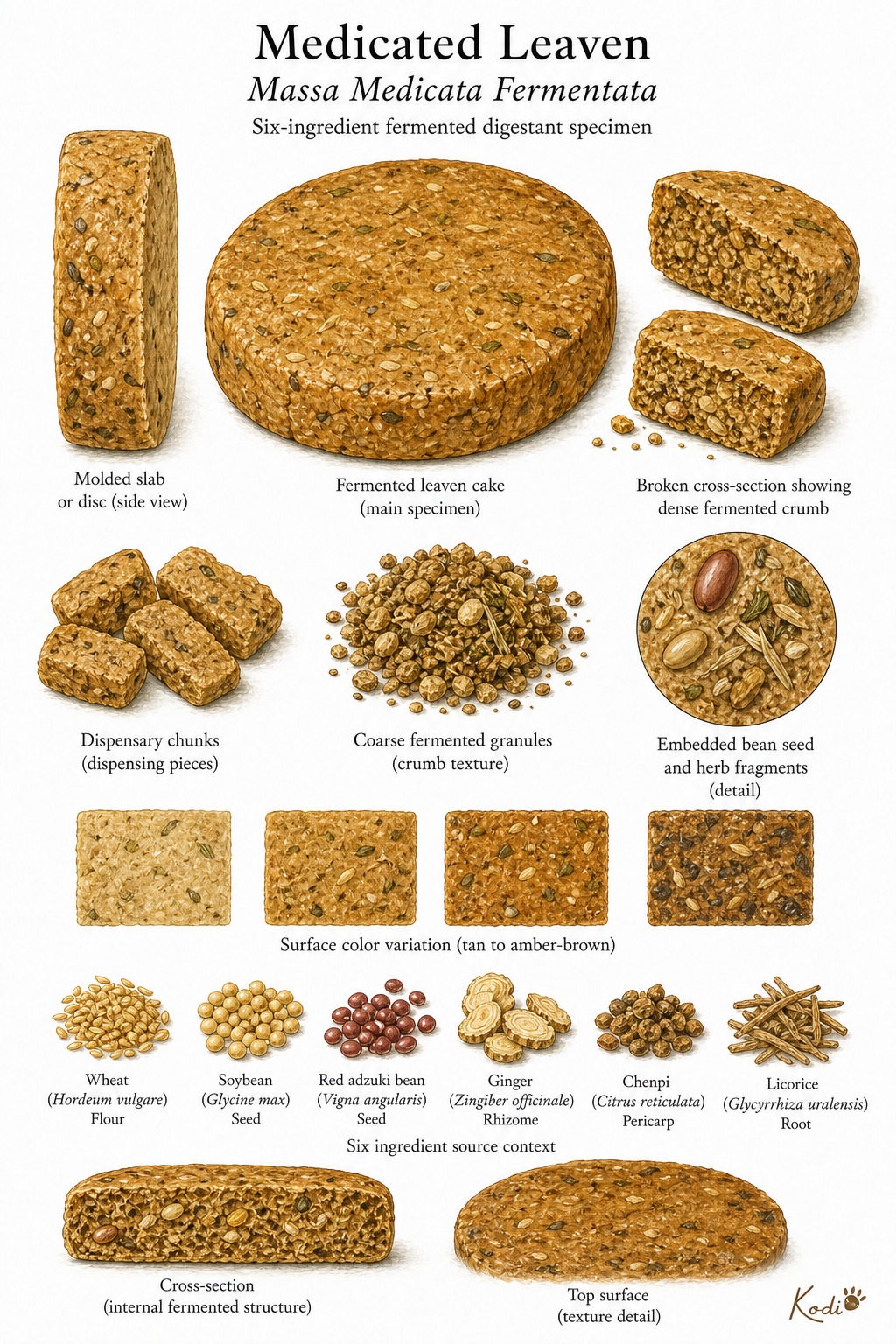 Scientific specimen plate of Medicated Leaven, Massa Medicata Fermentata, showing fermented cakes, ingredient flecks, broken crumb, and diagnostic digestant details.