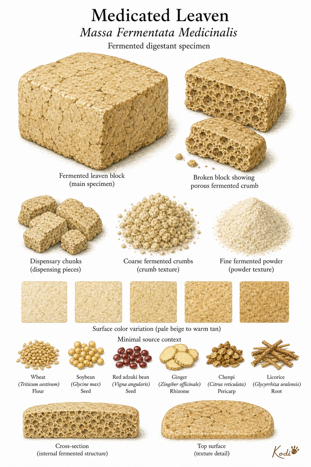 Scientific specimen plate of Medicated Leaven, Massa Fermentata Medicinalis, showing plain fermented blocks, porous crumb, and diagnostic Shen Qu details.