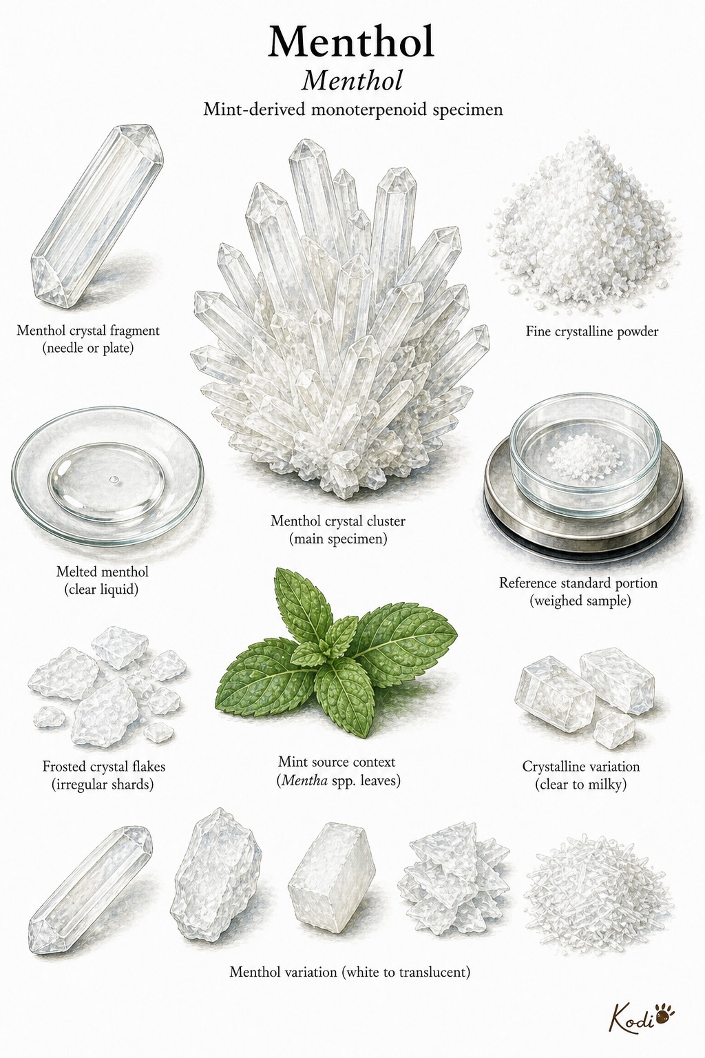 Scientific specimen plate of Menthol, Menthol, showing crystals, flakes, melt-clear form, and diagnostic mint-derived compound details.