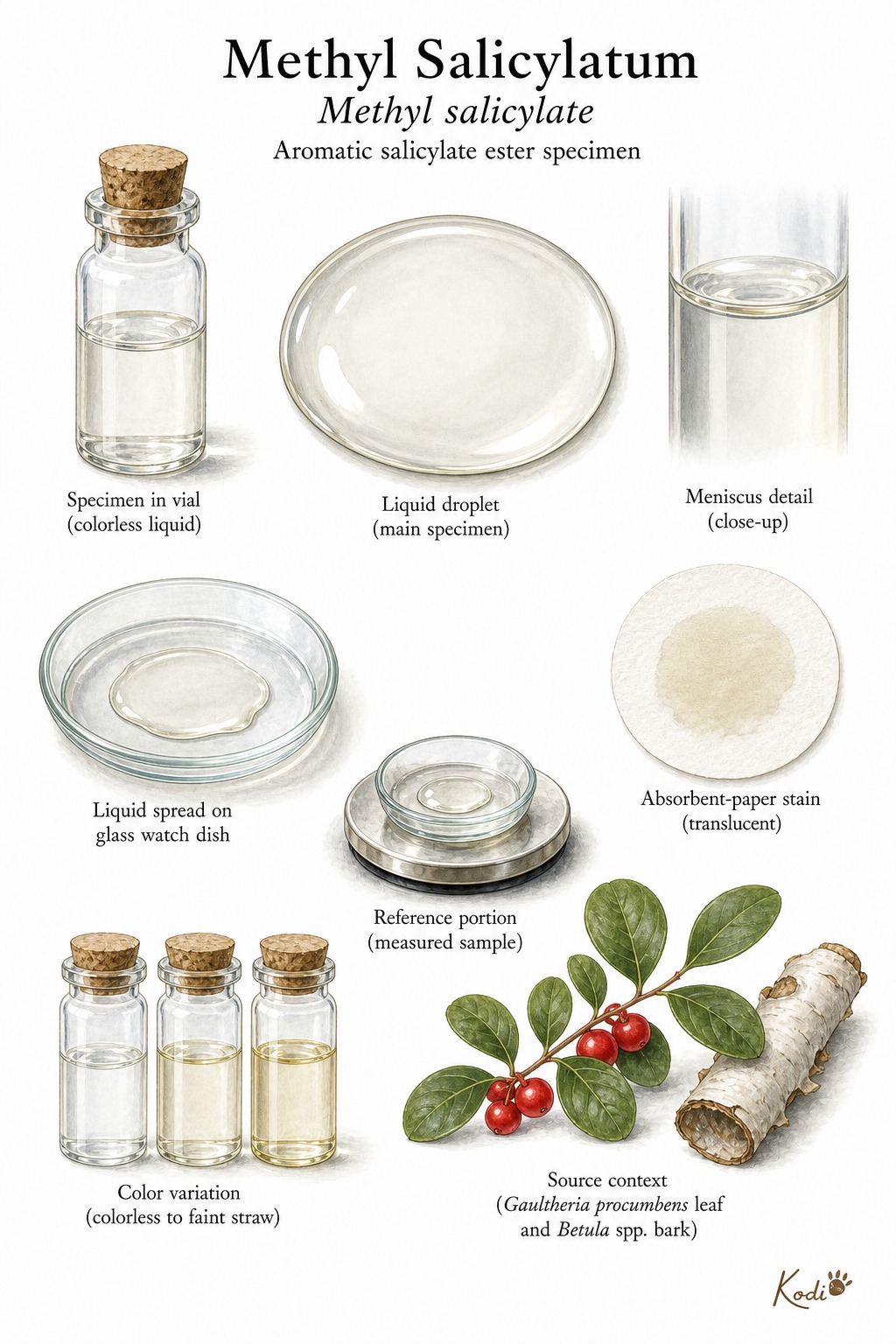 Scientific specimen plate of Methyl Salicylatum, Methyl salicylate, showing clear oily liquid, laboratory vial, and diagnostic aromatic ester details.