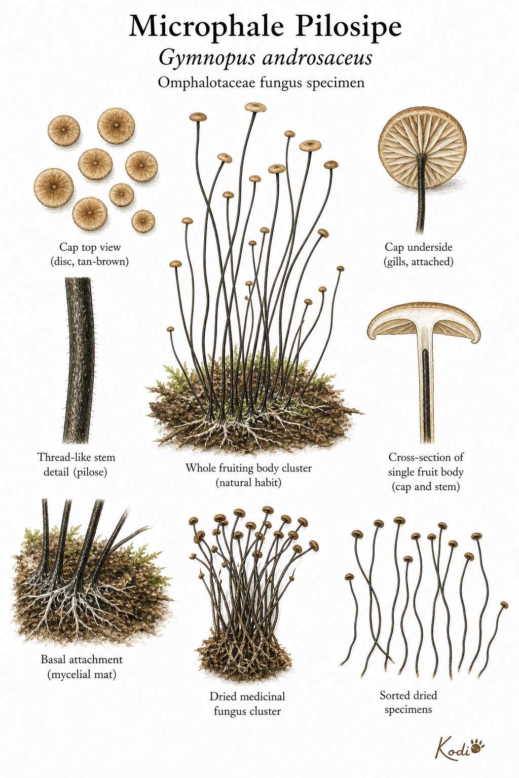 Scientific fungus specimen plate of Microphale Pilosipe, Gymnopus androsaceus, showing thread-like stems, tiny caps, dried clusters, and diagnostic fungal details.