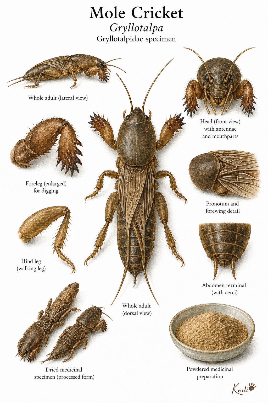 Scientific specimen plate of Mole Cricket, Gryllotalpa, showing burrowing forelegs, full-body views, dried specimen form, and diagnostic insect details.